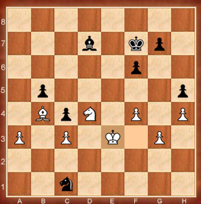 В этой позиции гроссмейстеры согласились на ничью после 49-го хода белых (Крf3–e3)