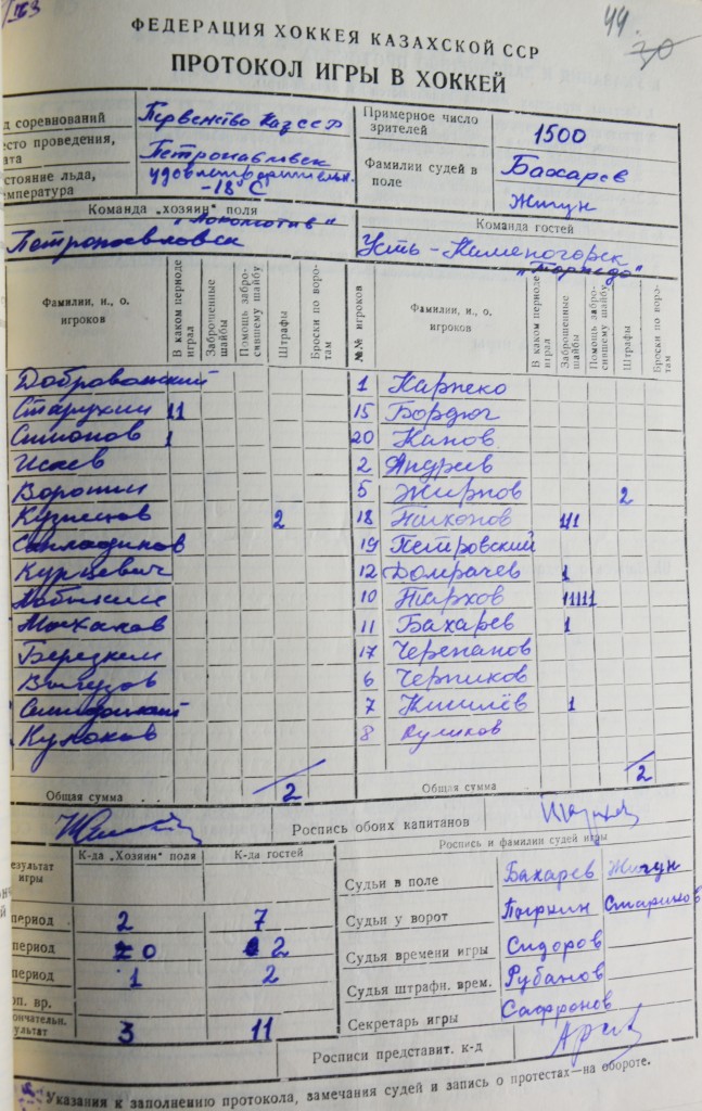 Протокол матча 1963 года «Локомотив» (Петропавловск) – «Торпедо» (Усть-Каменогорск). Из фондов ЦГА РК. Личная коллекция автора 