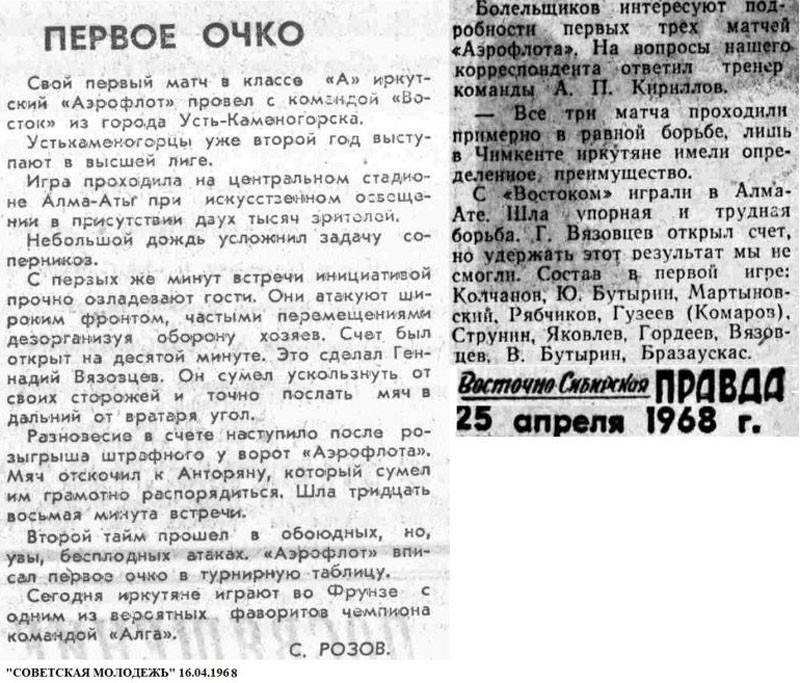 Гол Роберта АНТОРЯНА 12 апреля 1968 года в отчётах иркутских газет