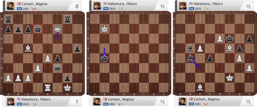 Хикару Накамура – Магнус Карлсен. Финальные позиции 1-й, 2-й и 4-й партий